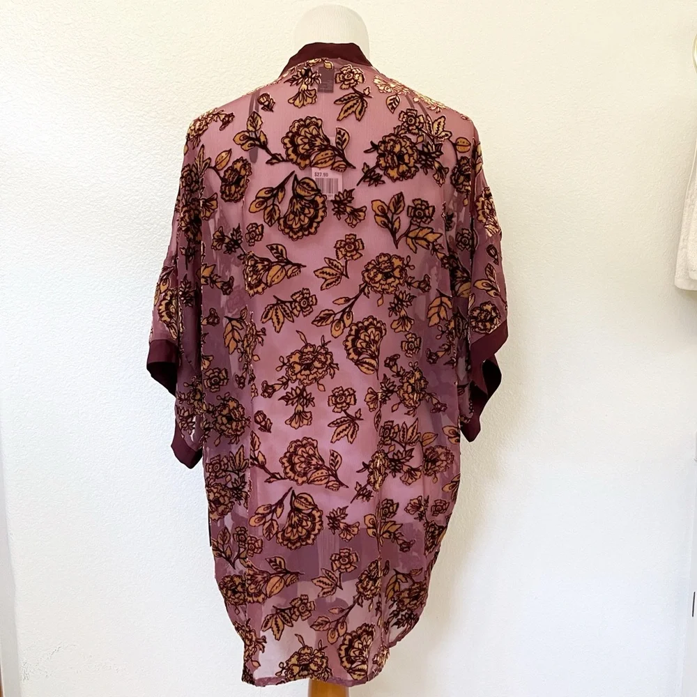 NWT - Sheer Floral Velvet and Chiffon Kimono | Wine, Gold | Women’s Small